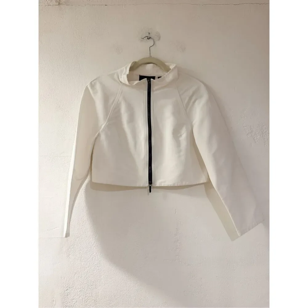 Carlisle Cotton Cupro Crop Zip Jacket in White Size 8